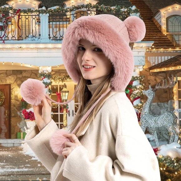 Women pink Winter Sherpa Beanie Hats Knit Ear Flaps Peruvian Cover Ears main image 8